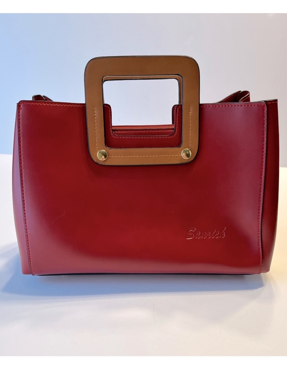 Sanrich Women’s Red Faux Leather Structured Square Tote Bag Purse